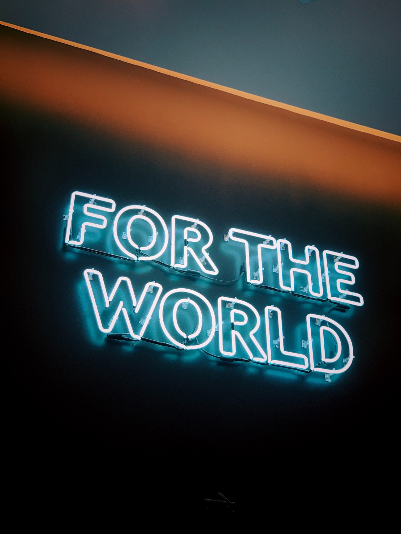 For the World Jon Tyson Unsplash White Neon sign against black background reads For The World