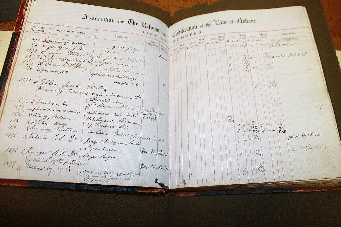 List of members of the Association for the Reform and Codification of the Law of Nations, 1874-1878 Brown leather bound ledger handwritten black ink names of members of Association for the Reform and Codification of the Law of Nations, 1874-1878